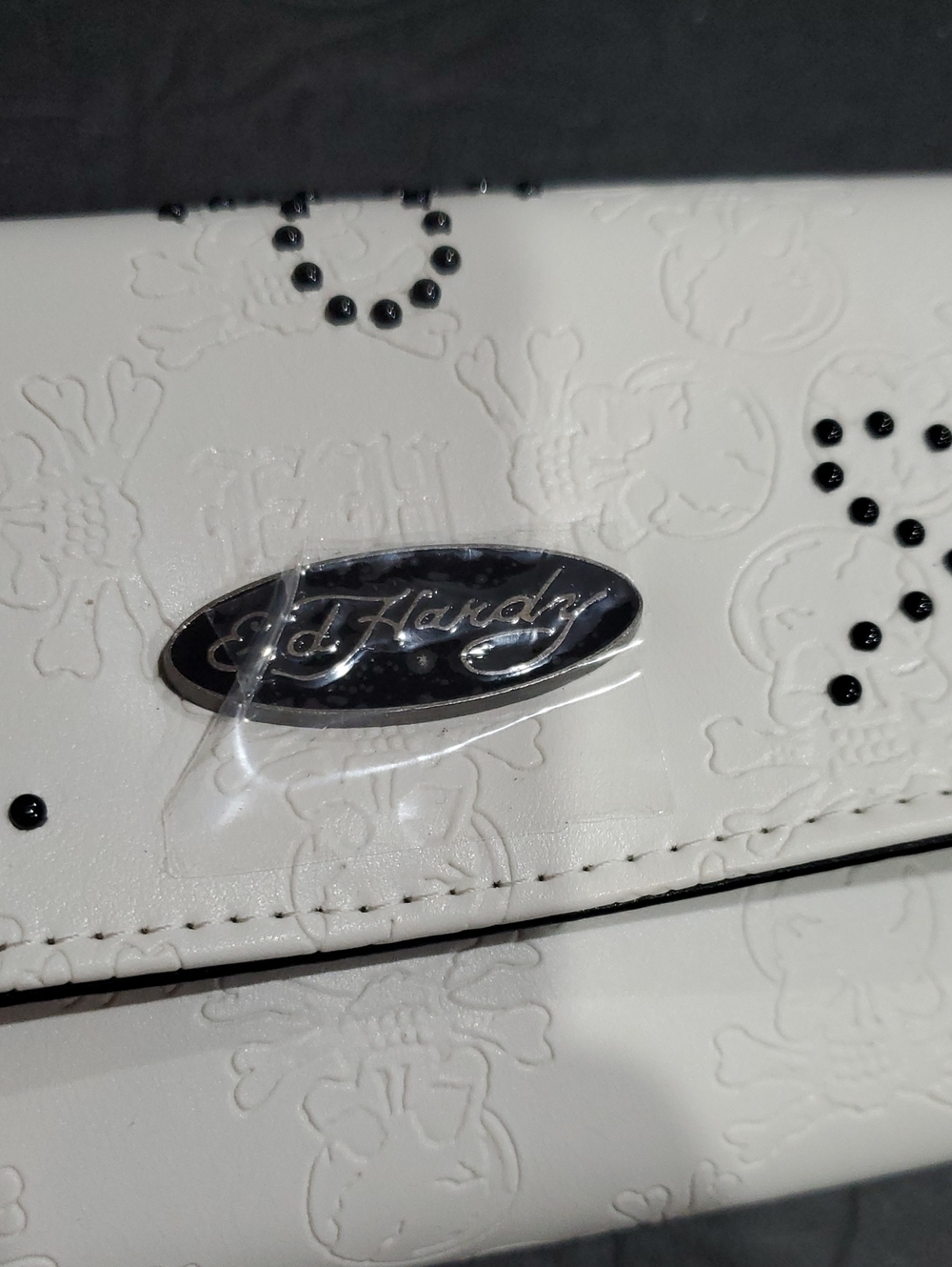 Ed Hardy white skull embossed EH monogram black studded long trifold wallet - Picture 2 of 14